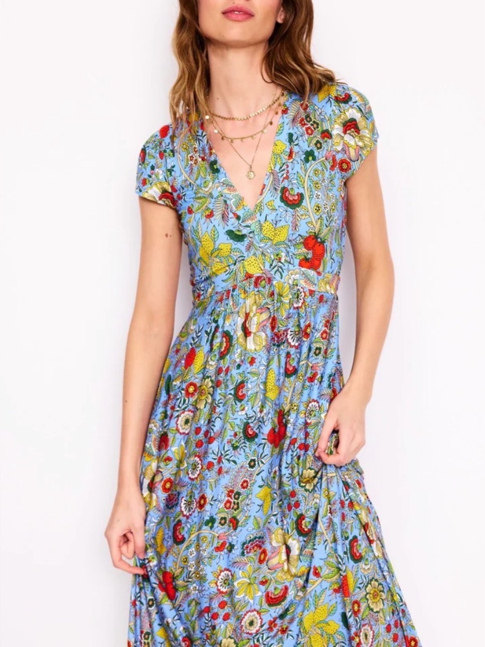 Boden Bias Cut Jersey Midi Dress Blue Multi Citrus Vine Strawberry US8 / UK 12